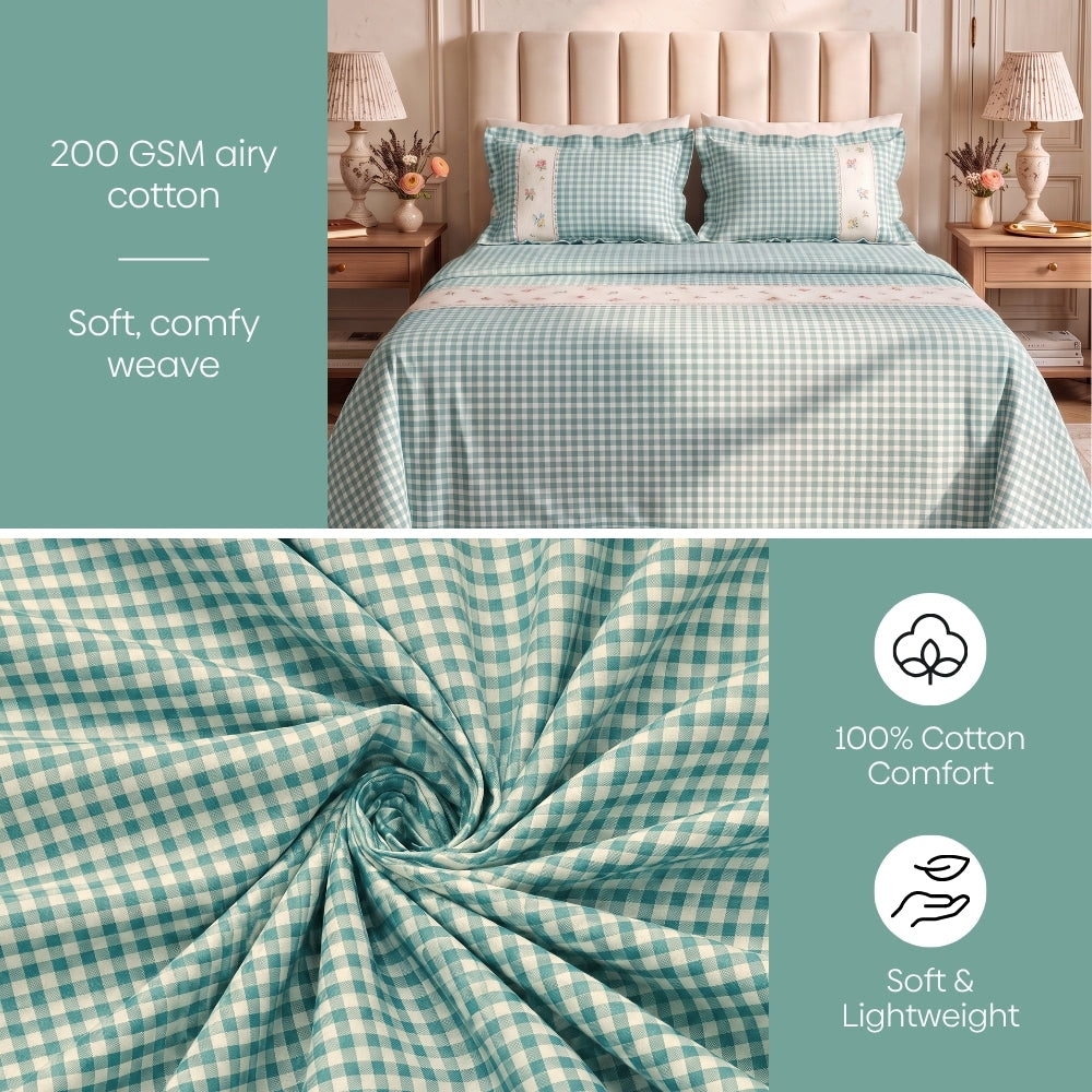Petal Plaids Embroidered 100% Cotton Bed Cover Set, Sea Blue