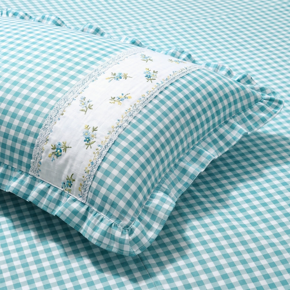 Petal Plaids Embroidered 100% Cotton Bed Cover Set, Sea Blue