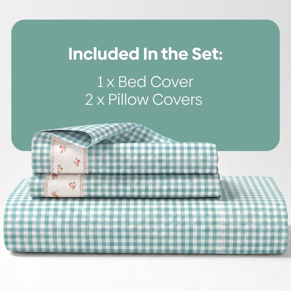 Petal Plaids Embroidered 100% Cotton Bed Cover Set, Sea Blue