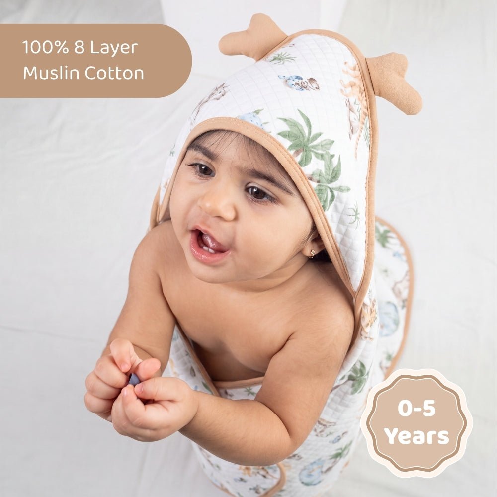100% 8 Layer Muslin Cotton Hooded Baby Towel with a belt-Wildlands - Hooded Towel | haus & kinder