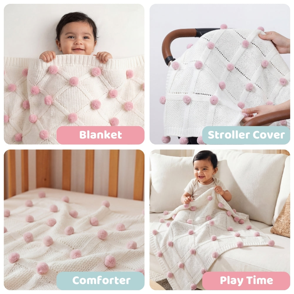 Bubblegum Pink Pom Pom100% pure cotton knitted Summer/AC blanket for baby