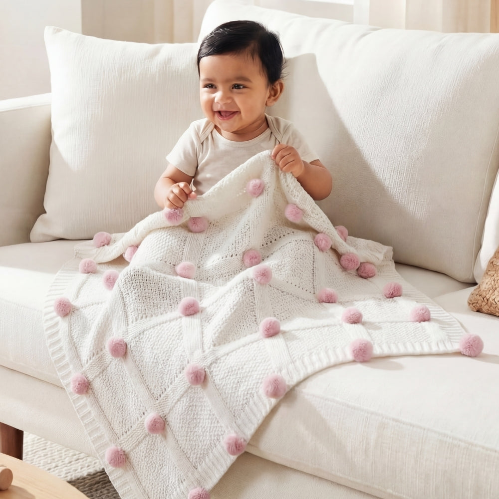 Bubblegum Pink Pom Pom100% pure cotton knitted Summer/AC blanket for baby