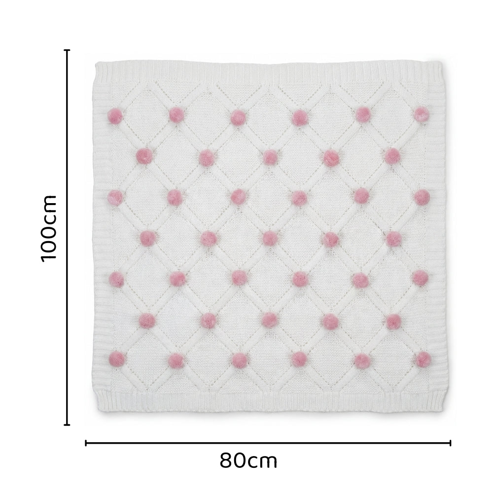 Bubblegum Pink Pom Pom100% pure cotton knitted Summer/AC blanket for baby