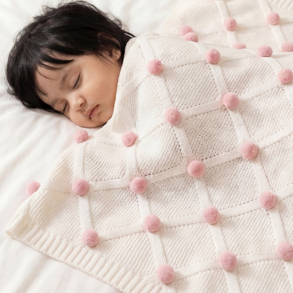 Bubblegum Pink Pom Pom100% pure cotton knitted Summer/AC blanket for baby