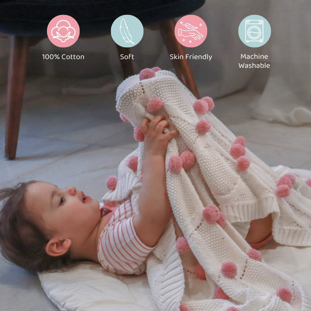 Bubblegum Pink Pom Pom100% pure cotton knitted Summer/AC blanket for baby