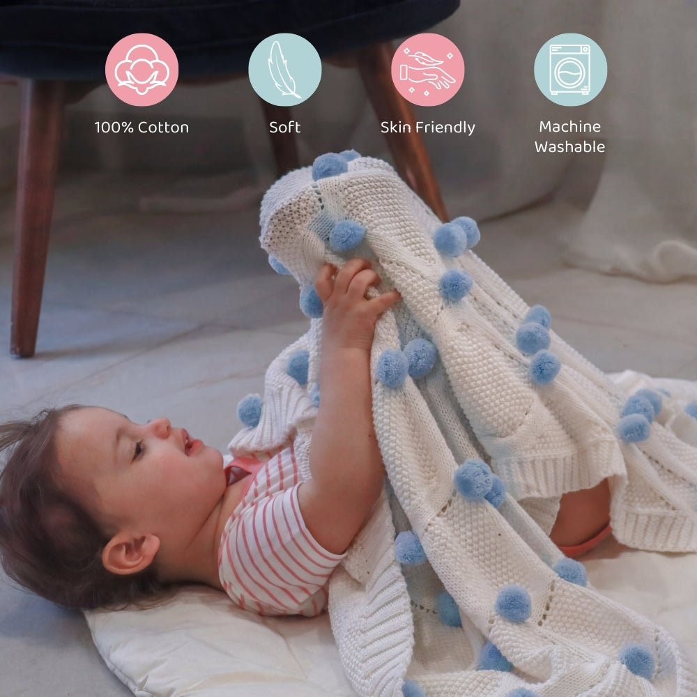 Whimsical Pom Pom 100%cotton knitted Summer AC blanket 0- 3 years - Blanket | haus & kinder
