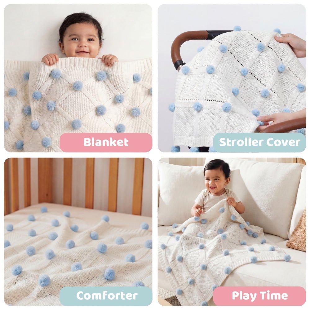Whimsical Pom Pom 100%cotton knitted Summer AC blanket 0- 3 years - Blanket | haus & kinder