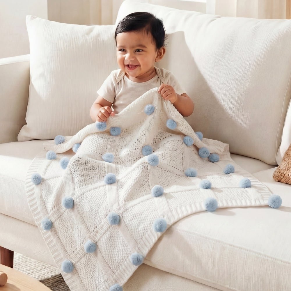 Whimsical Pom Pom 100%cotton knitted Summer AC blanket 0- 3 years - Blanket | haus & kinder