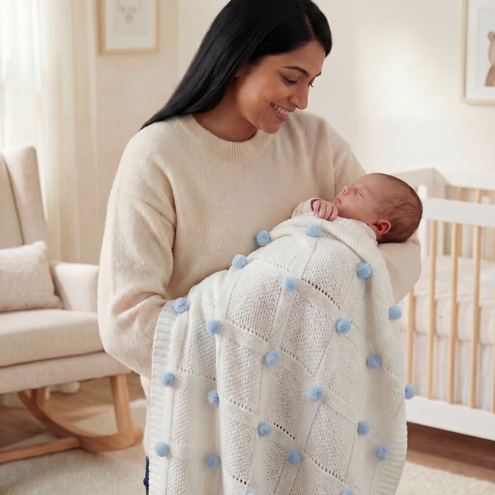 Whimsical Pom Pom 100%cotton knitted Summer AC blanket 0- 3 years - Blanket | haus & kinder