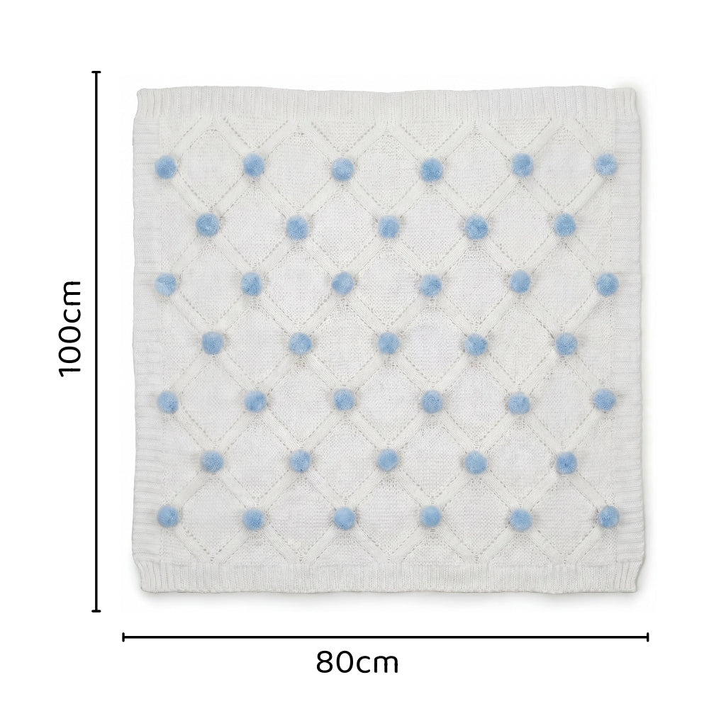 Whimsical Blue Pom Pom100% pure cotton knitted Summer/AC blanket for baby