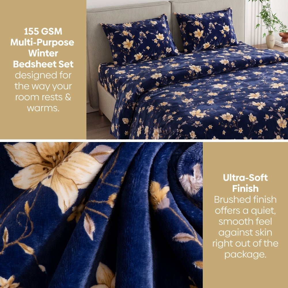 Soft Embrace Winter Bedsheet, Midnight Petals - Winter Bedsheet | haus & kinder