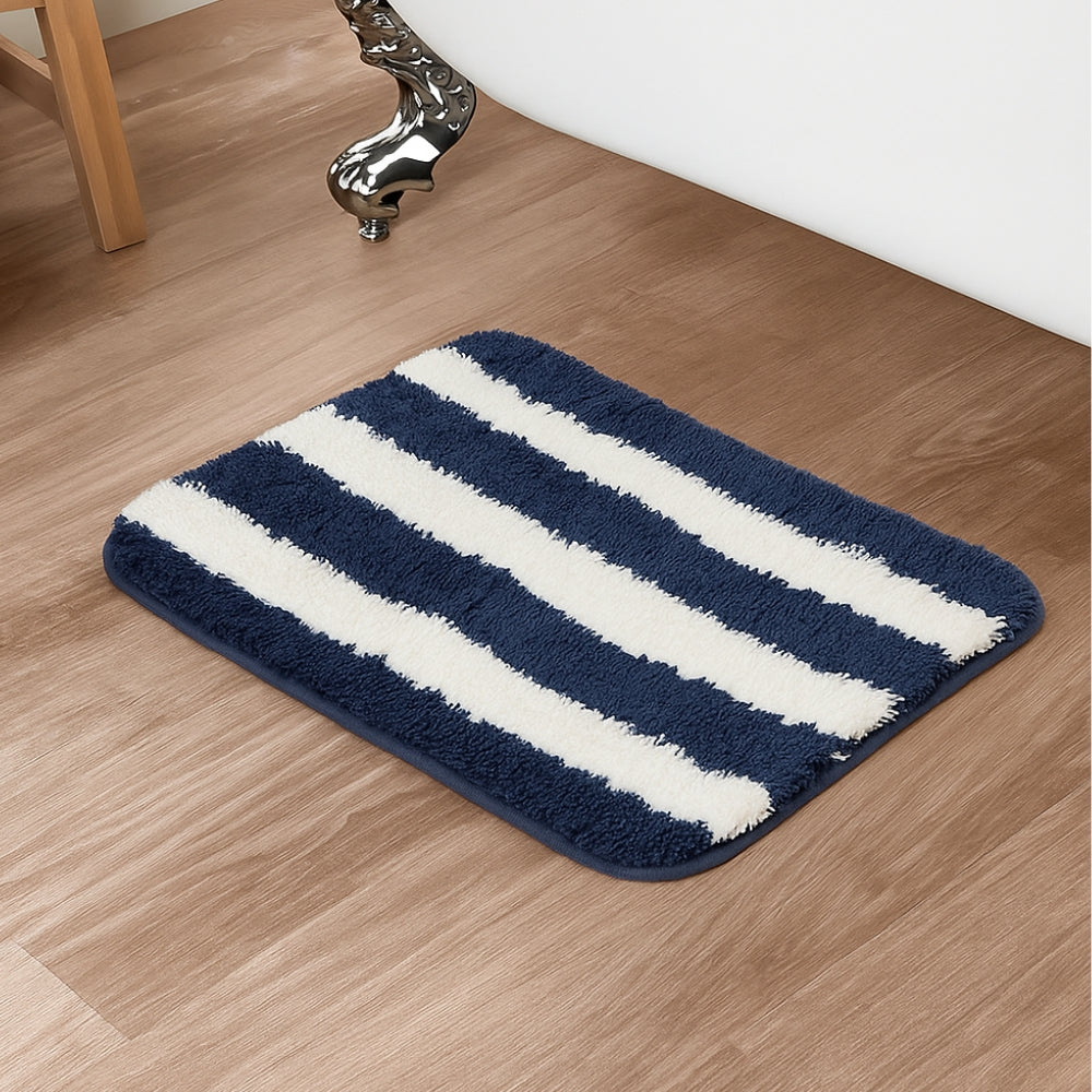 Plush Microfiber Stripe Bathmat, Dark Blue