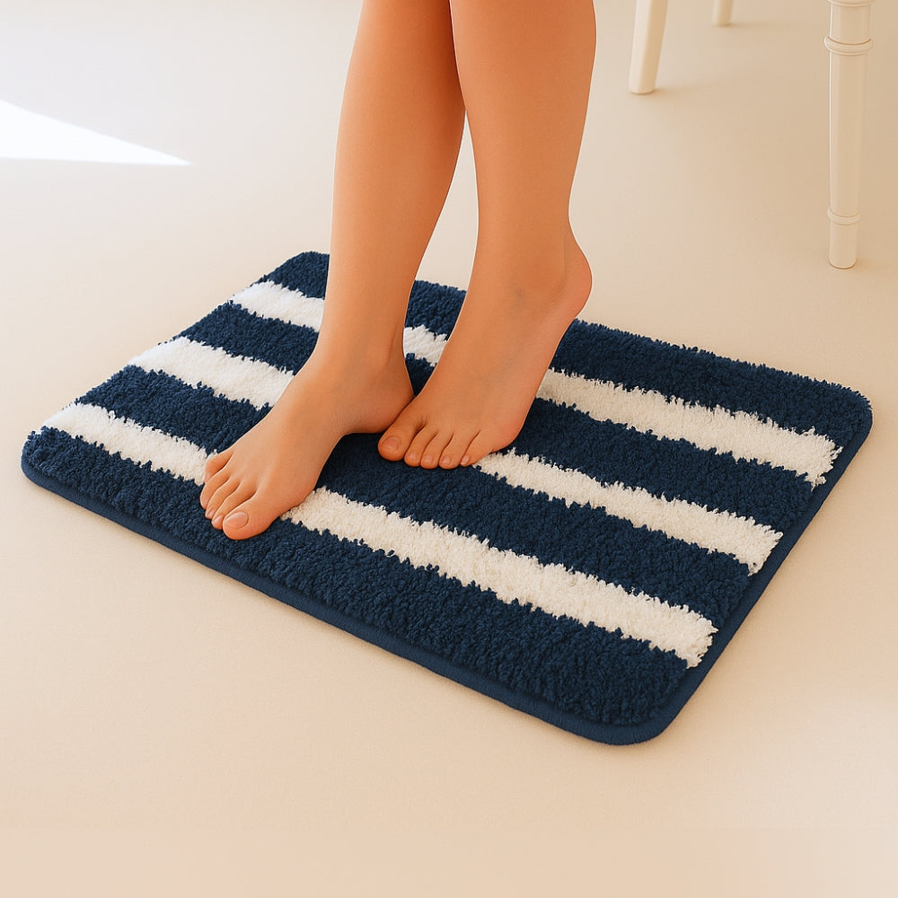 Plush Microfiber Stripe Bathmat, Dark Blue