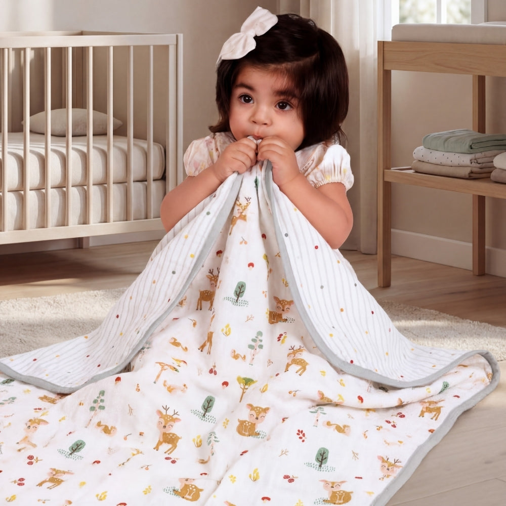 Whimsical Woodland 100% Cotton Muslin Reversible Blanket for New Born Baby