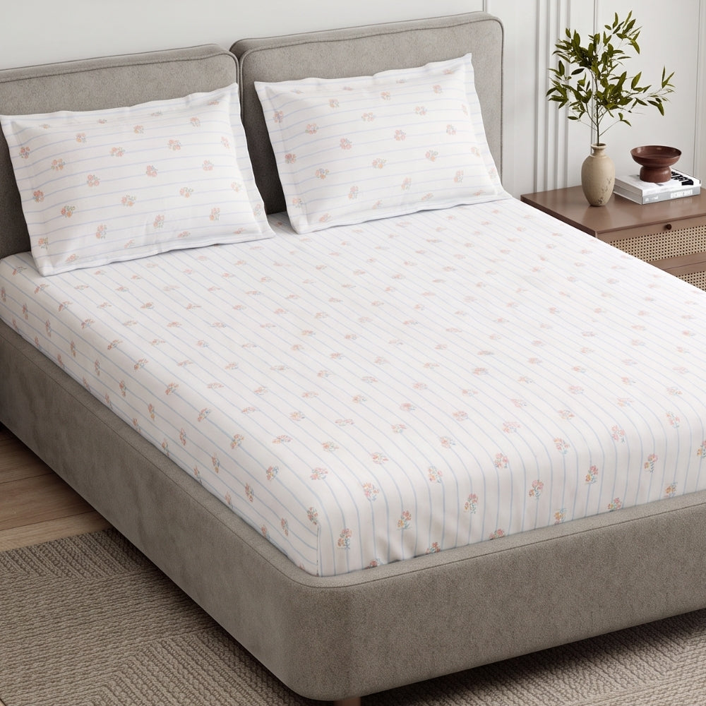 Kohana Stripe 100% Cotton King Fitted Bedsheet, 186 TC