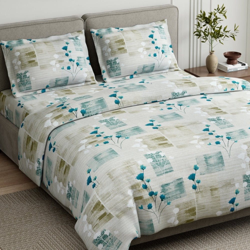 Aqua Meadow 100% Cotton King Size Bedsheet, 144 TC - King Size | haus & kinder