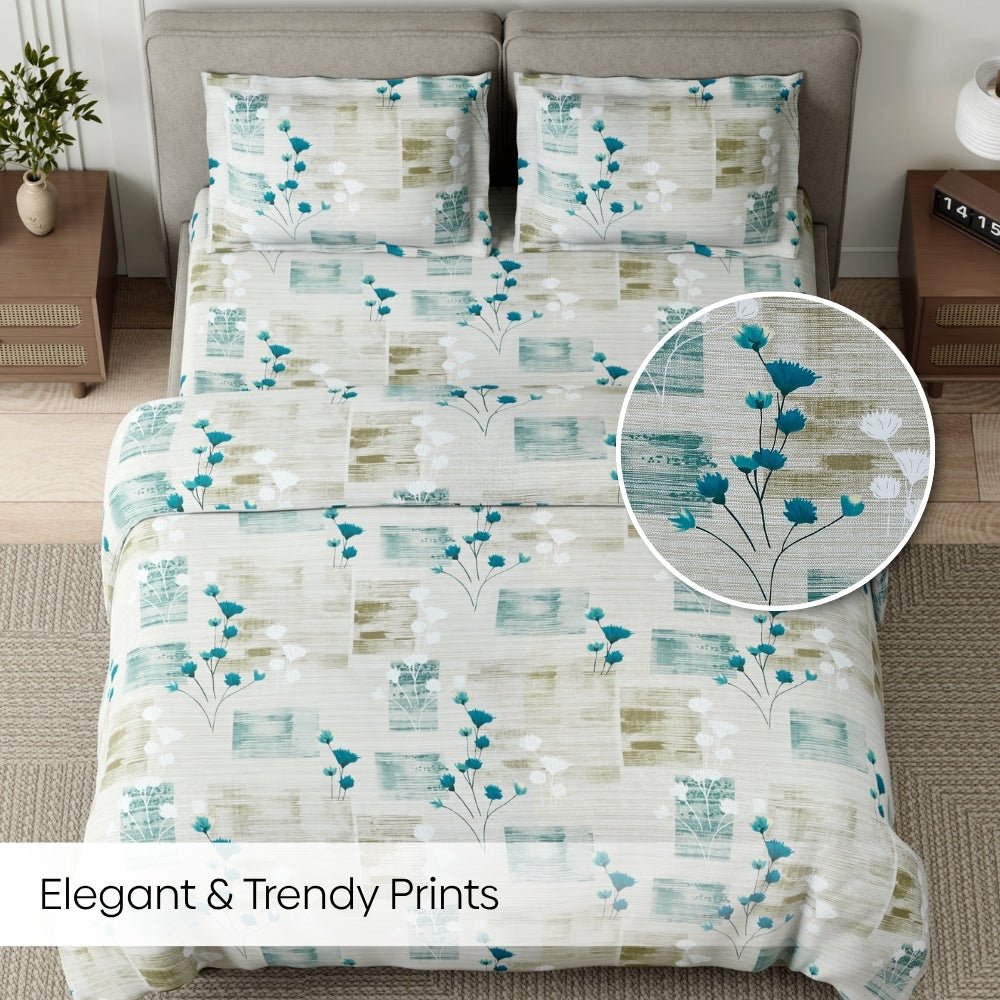 Aqua Meadow 100% Cotton King Size Bedsheet, 144 TC - King Size | haus & kinder