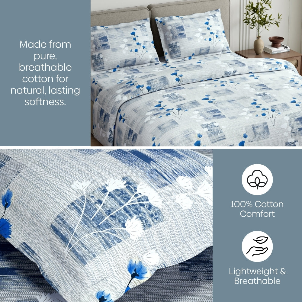 Blue Flower Sketch 100% Cotton King Size Bedsheet, 144 TC