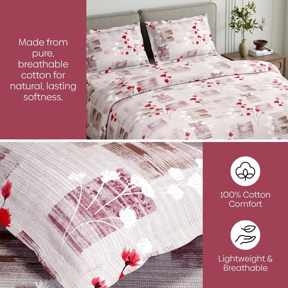 Pink Flower Sketch 100% Cotton King Size Bedsheet, 144 TC - King Size | haus & kinder