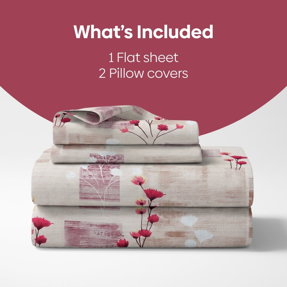 Pink Flower Sketch 100% Cotton King Size Bedsheet, 144 TC