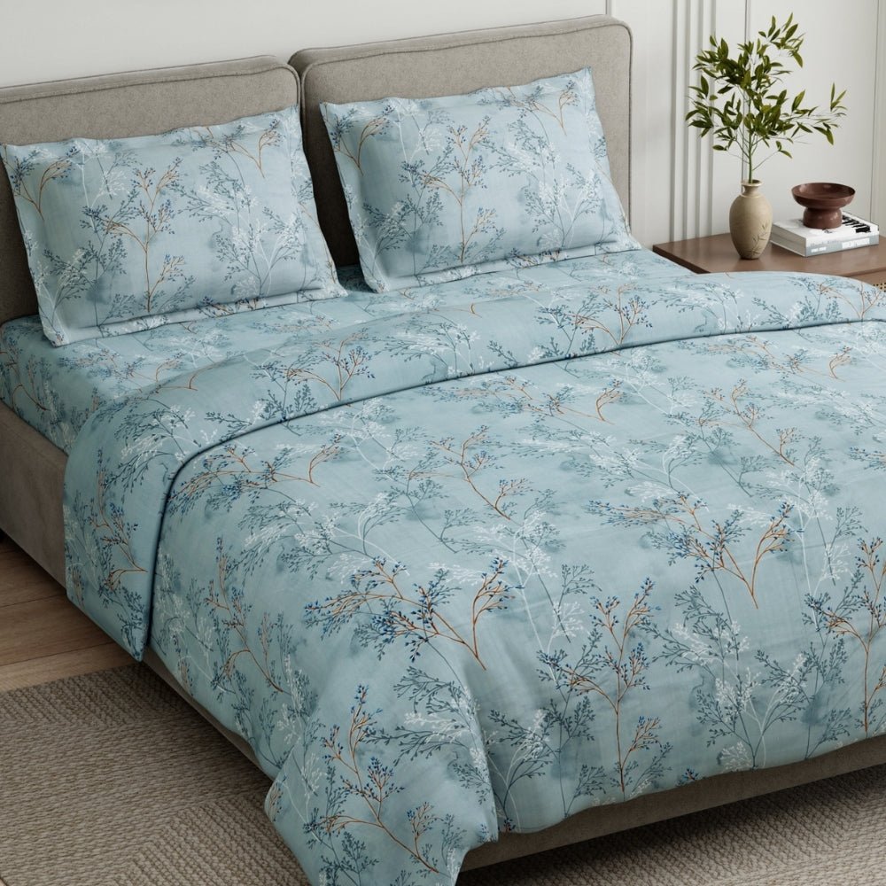 Serene Branch Green 100% Cotton Double Bedsheet, 144 TC - Double Size | haus & kinder
