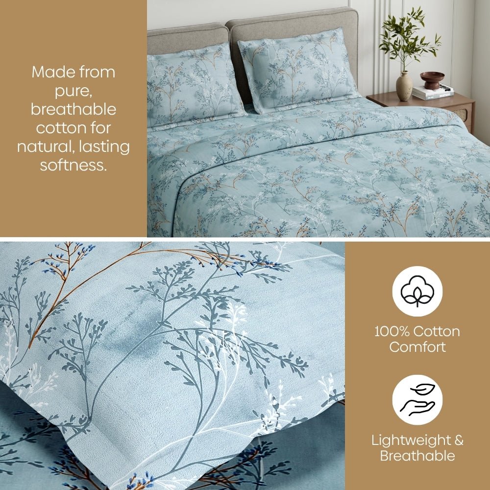 Serene Branch Green 100% Cotton Double Bedsheet, 144 TC - Double Size | haus & kinder