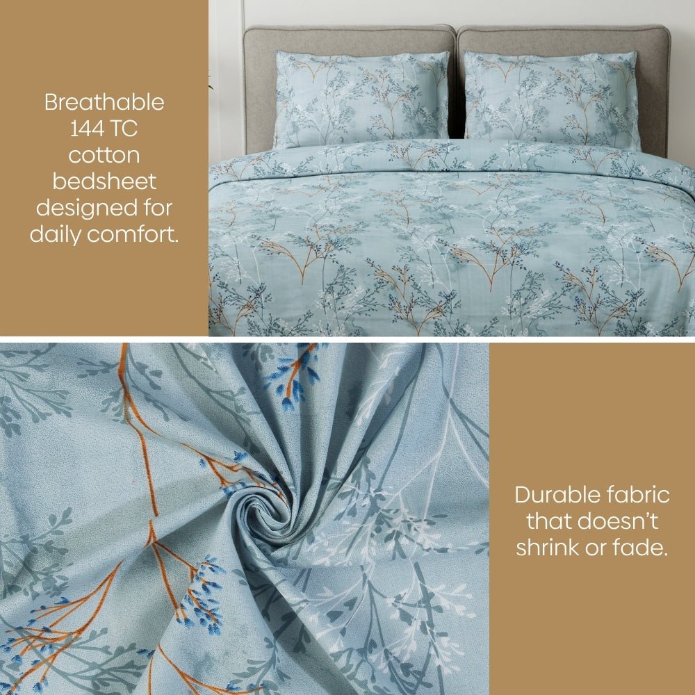 Serene Branch Green 100% Cotton Double Bedsheet, 144 TC - Double Size | haus & kinder