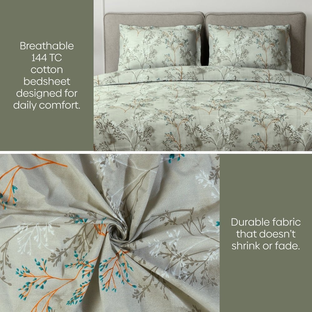 Serene Branch Blue 100% Cotton Double Size Bedsheet, 144 TC - Double Size | haus & kinder