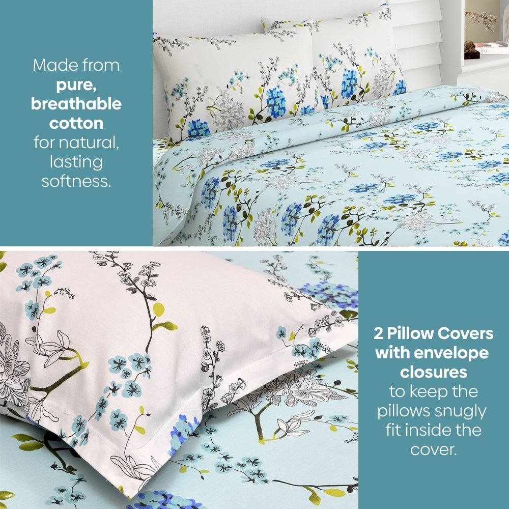 Victorian Summer Dream, 100% Cotton Double Size Bedsheet, 186 TC, Blue