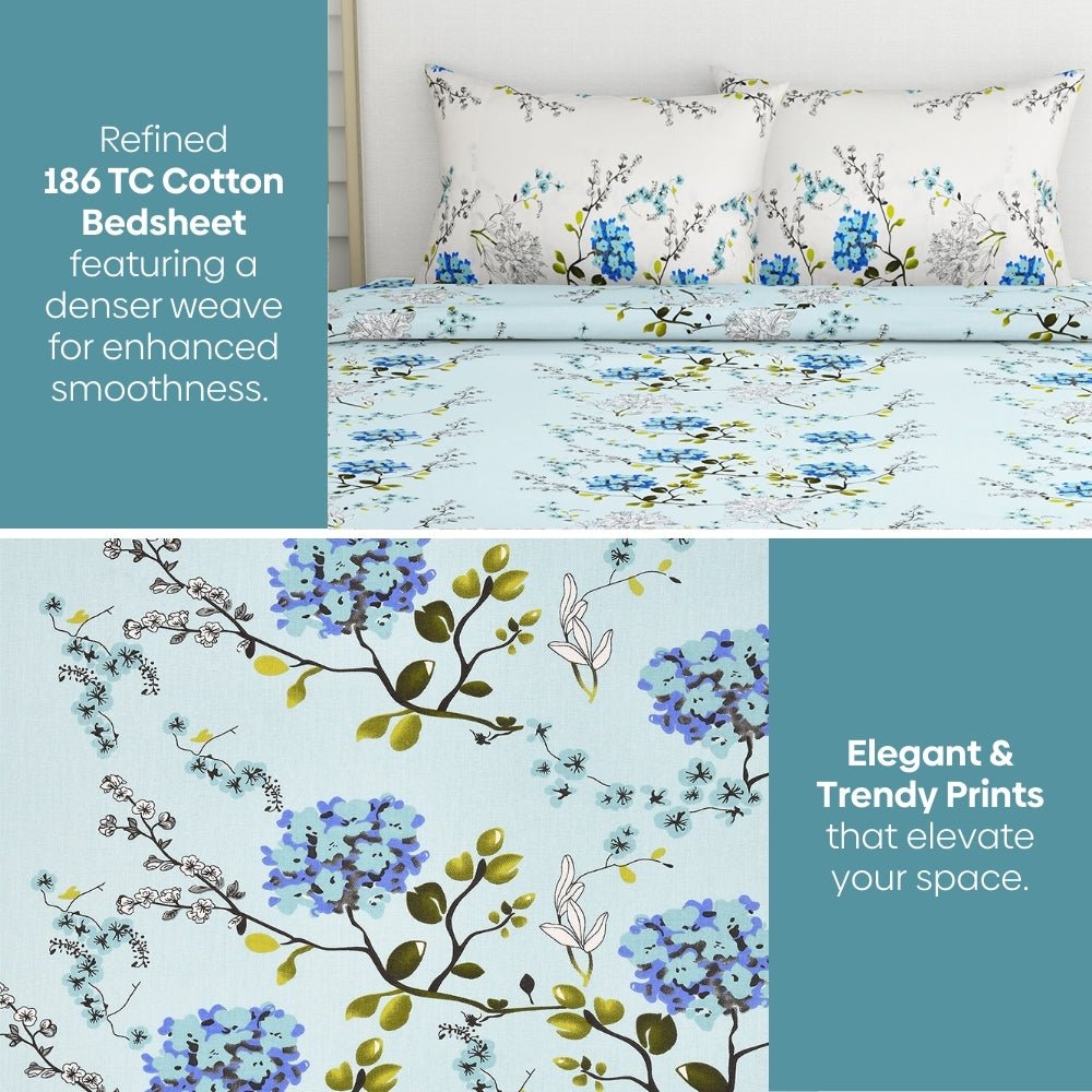 Victorian Summer Dream, 100% Cotton Double Size Bedsheet, 186 TC, Blue - Bedsheets | haus & kinder