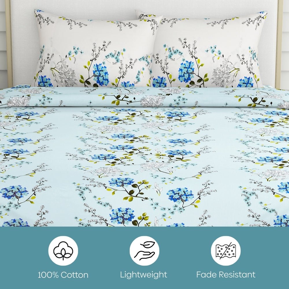 Victorian Summer Dream, 100% Cotton Double Size Bedsheet, 186 TC, Blue - Bedsheets | haus & kinder