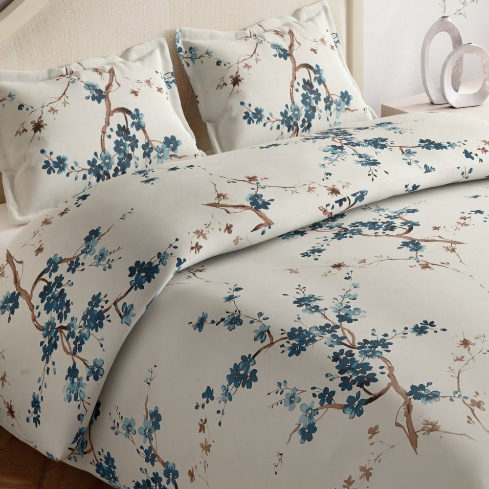 Floral Grace, 100% Cotton Double Size Bedsheet, 186 TC, Blue - Bedsheets | haus & kinder