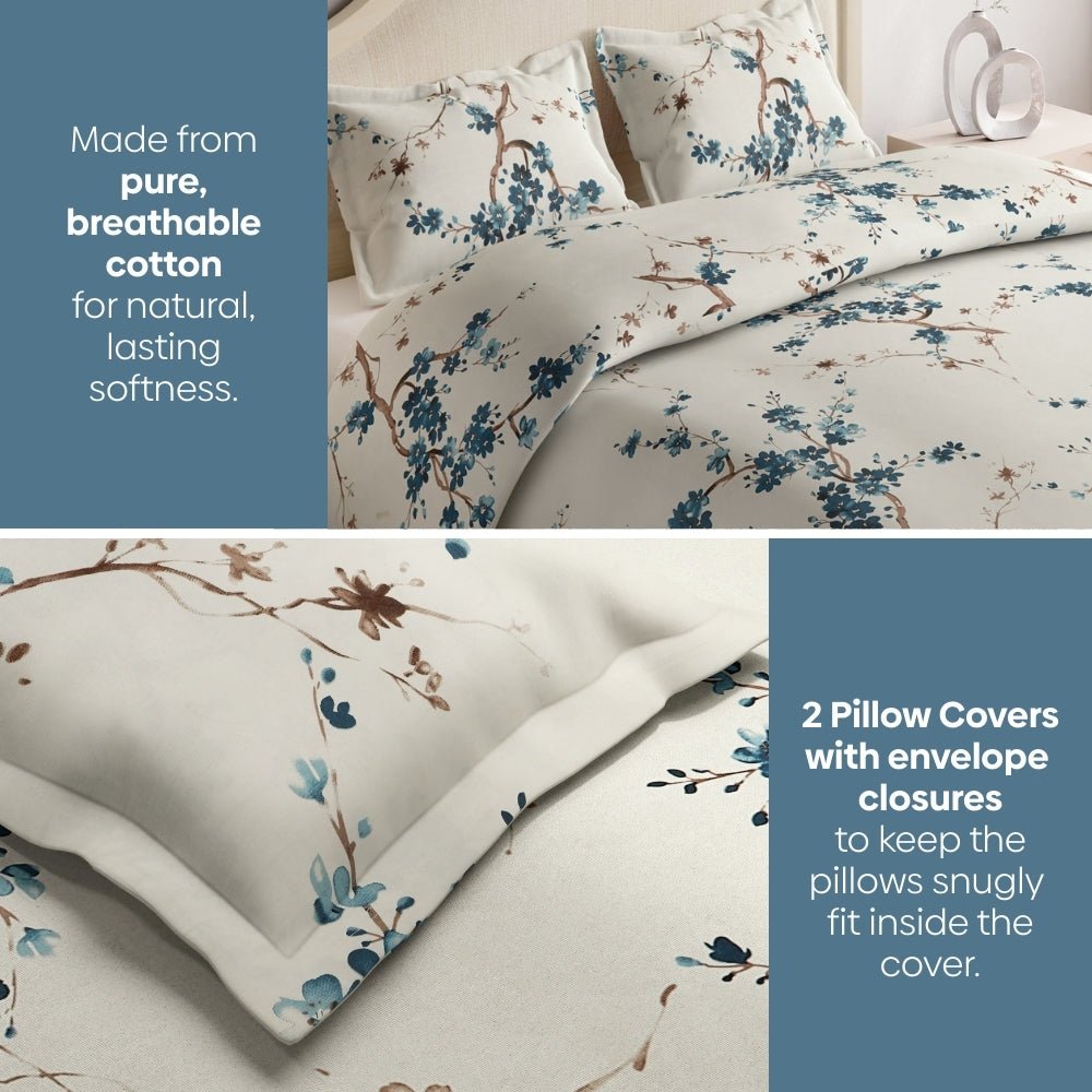 Floral Grace, 100% Cotton Double Size Bedsheet, 186 TC, Blue - Bedsheets | haus & kinder