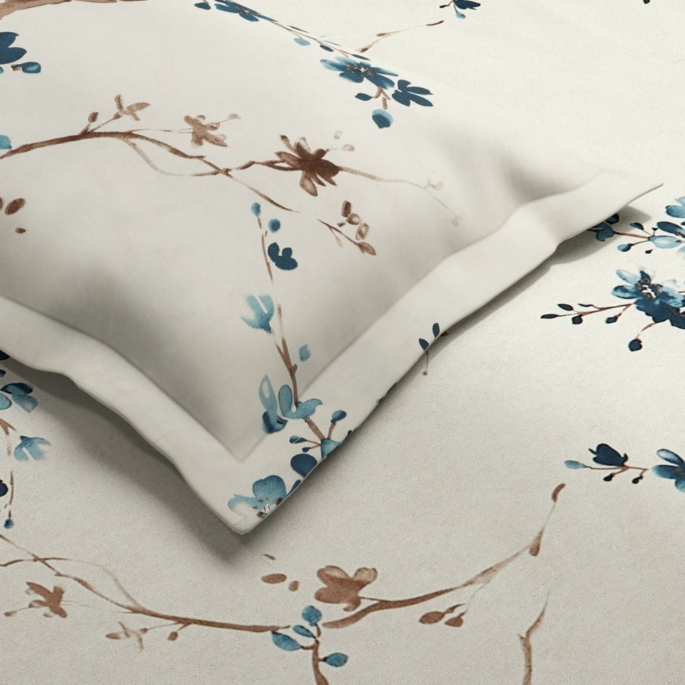 Floral Grace, 100% Cotton Double Size Bedsheet, 186 TC, Blue - Bedsheets | haus & kinder