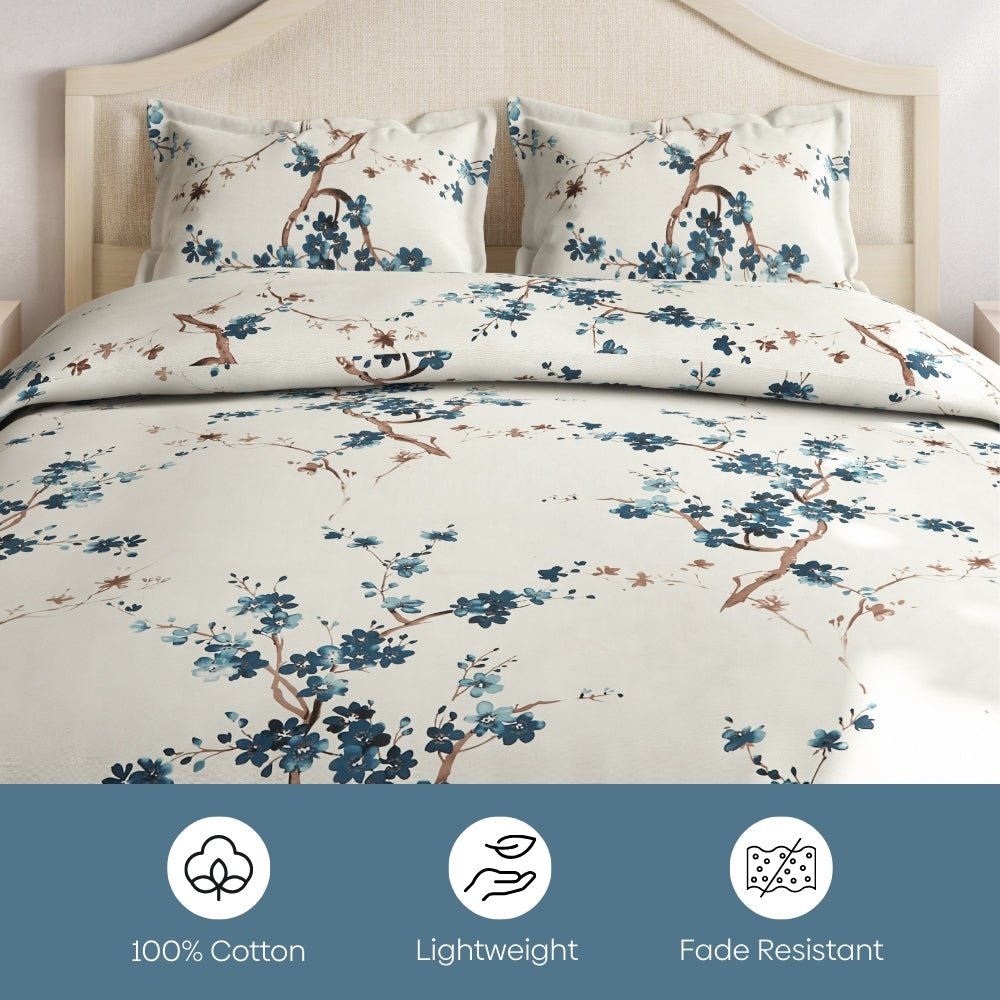 Floral Grace, 100% Cotton Double Size Bedsheet, 186 TC, Blue - Bedsheets | haus & kinder