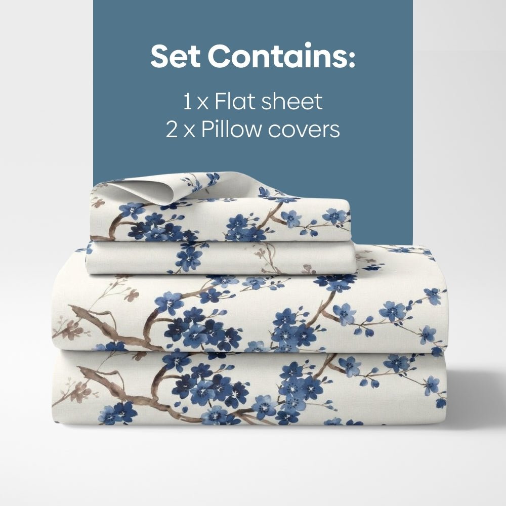 Floral Grace, 100% Cotton Double Size Bedsheet, 186 TC, Blue - Bedsheets | haus & kinder