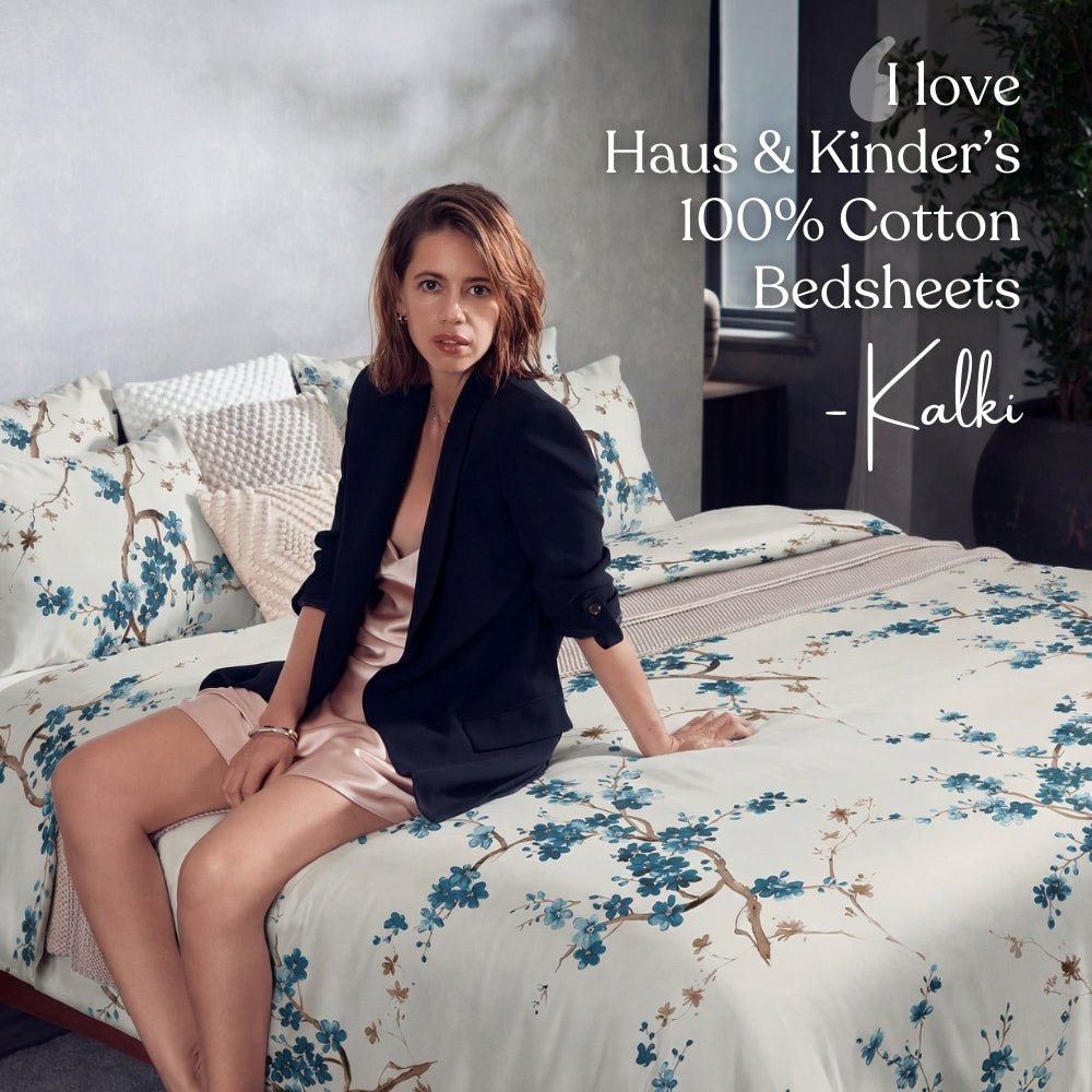 Floral Grace, 100% Cotton Double Size Bedsheet, 186 TC, Blue - Bedsheets | haus & kinder