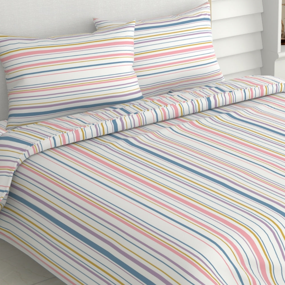 Magical Stripes 100% Cotton King Size Bedsheet, 186 TC, Blue and Yellow