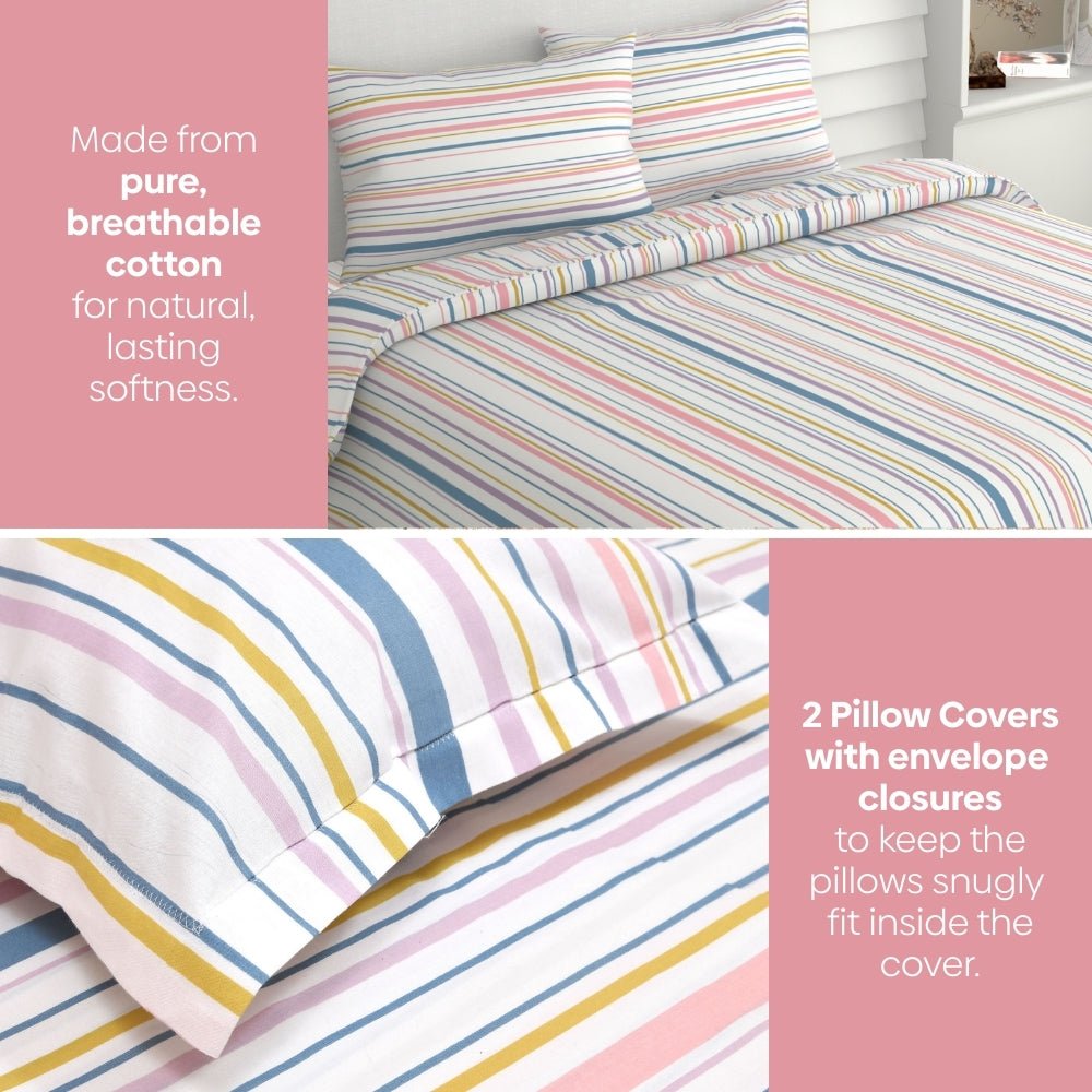 Magical Stripes 100% Cotton King Size Bedsheet, 186 TC, Blue and Yellow - Bedsheets | haus & kinder