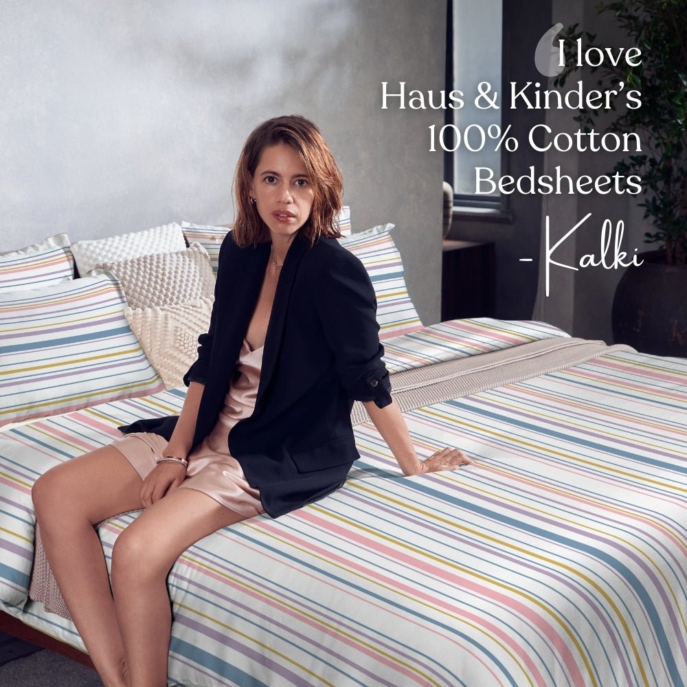 Magical Stripes 100% Cotton King Size Bedsheet, 186 TC, Blue and Yellow - Bedsheets | haus & kinder