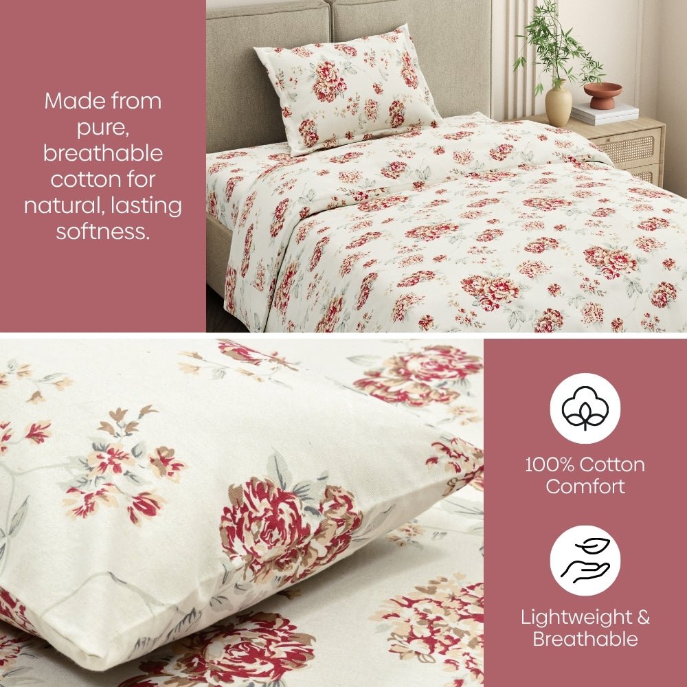 English Rose Reverie Single Fitted Size Bedsheet, 186 TC - Single Size | haus & kinder
