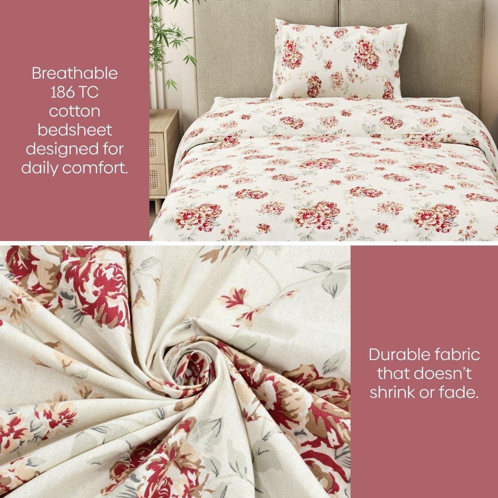 English Rose Reverie Single Flat Size Bedsheet, 186 TC - Single Size | haus & kinder