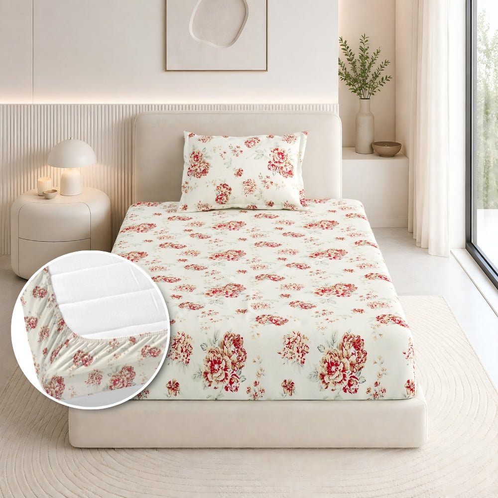 English Rose Reverie Single Fitted Size Bedsheet, 186 TC - Single Size | haus & kinder