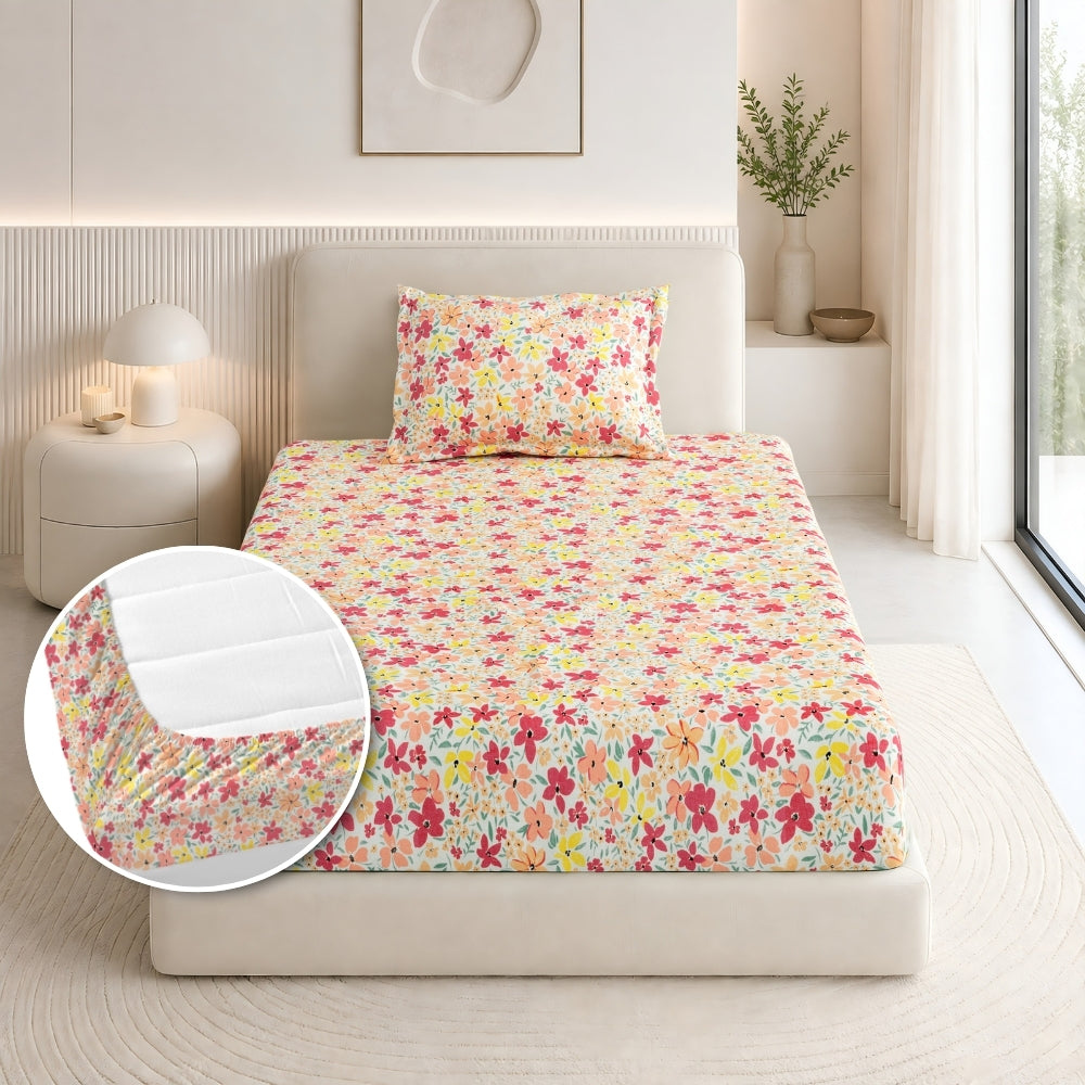 Sunlit Blossom Meadow Single Fitted Size Bedsheet, 186 TC