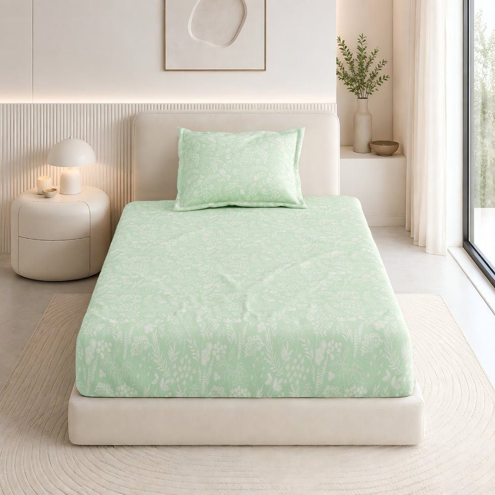 Verdant Whispers of Giverny Single Fitted Size Bedsheet, 186 TC - Single Size | haus & kinder