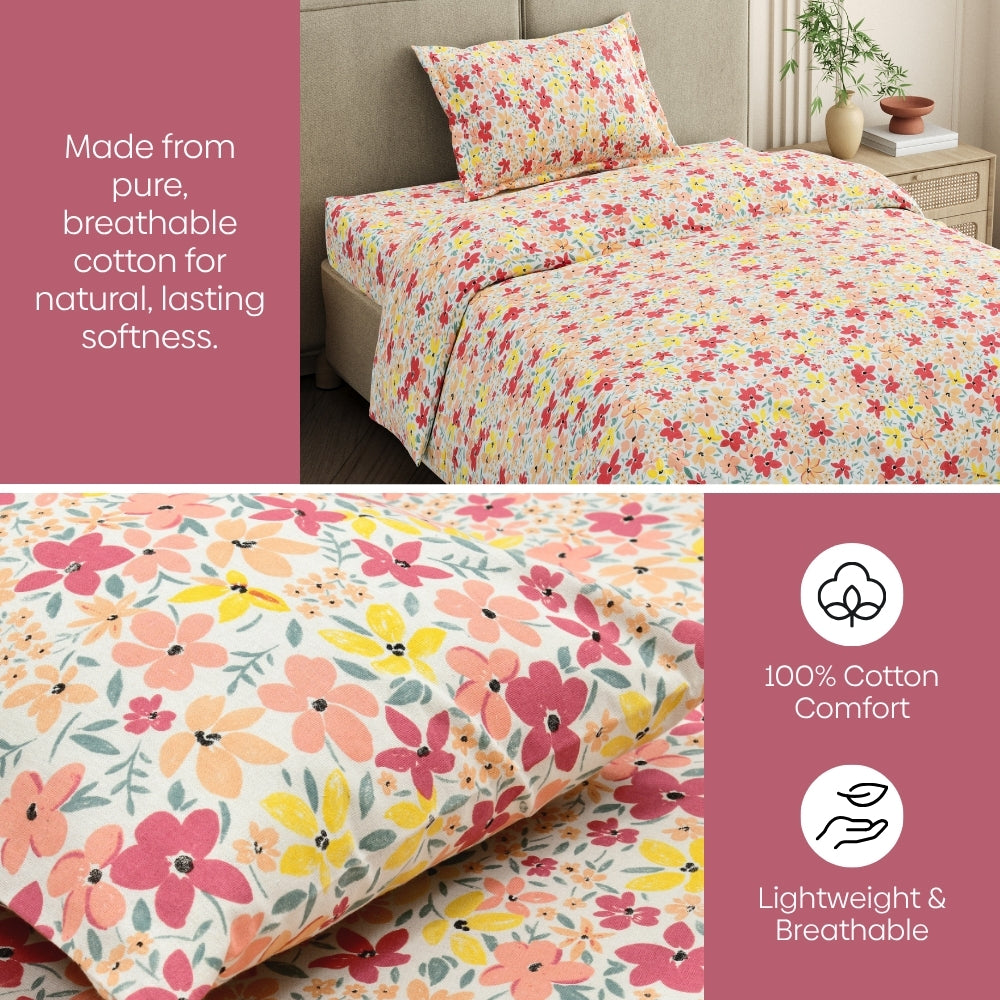 Sunlit Blossom Meadow Single Fitted Size Bedsheet, 186 TC