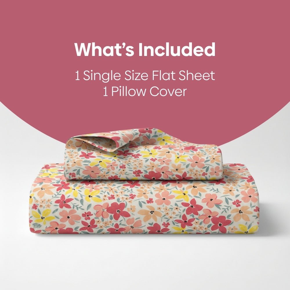 Sunlit Blossom Meadow Single Fitted Size Bedsheet, 186 TC - Single Size | haus & kinder