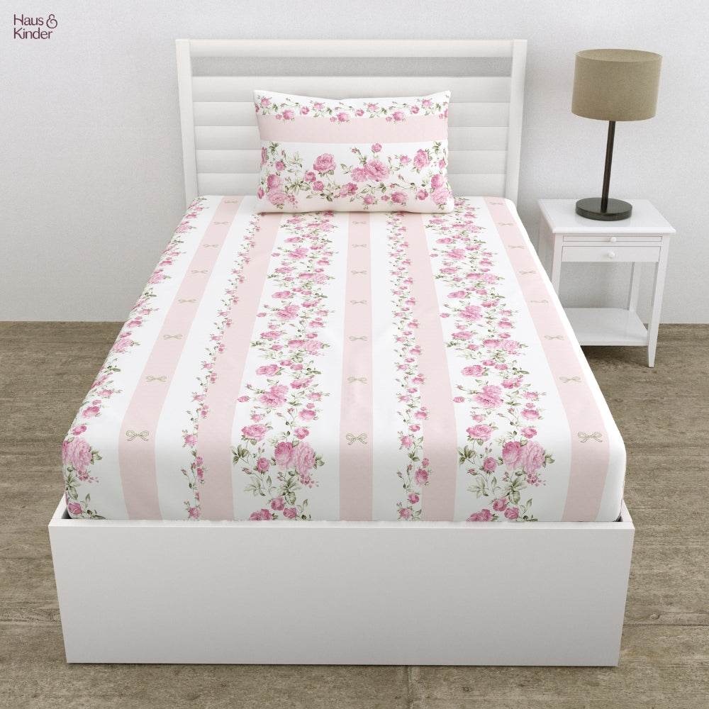 Florence Single Bed Sheet Set of 4, Ivory & Pink