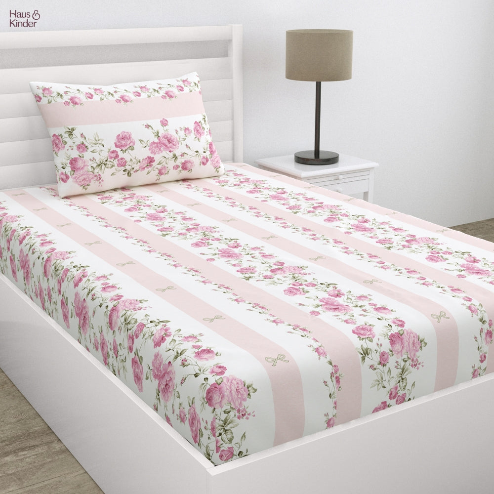 Florence Single Bed Sheet Set of 4, Ivory & Pink