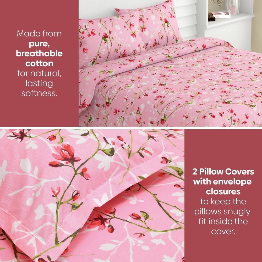 Summer Vintage Romance, 100% Cotton Double Bedsheet, 186 TC, Pink - Bedsheets | haus & kinder